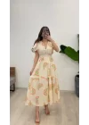 Kadın Keten Kumaş Beli Gipeli V Yaka Maxi Boy Elbise