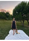 Kadın Keten Kumaş Kolsuz Mini Boy Elbise