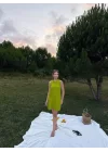 Kadın Keten Kumaş Kolsuz Mini Boy Elbise