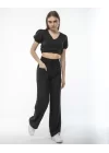 Kadin Keten Pantalon Ve Crop Takım - Siyah