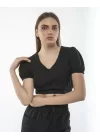 Kadin Keten Pantalon Ve Crop Takım - Siyah