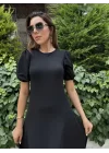 Kadın Kısa Balon Kollu Bisiklet Yaka Geniş Kesim Janjan Krep Elbise