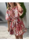 Kadın Kısa Balon Kollu Yuvarlak Yakalı Pileli Desenli Mini Elbise