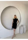 Kadın Kısa Kap Kollu Bisiklet Yaka Belden Bağlamalı Modal Mini Elbise