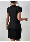 Kadın Kısa Kap Kollu Bisiklet Yaka Belden Bağlamalı Modal Mini Elbise