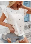 Kadın Kısa Kelebek Kollu Bisiklet Yaka Kalp Desenli Süprem Bluz