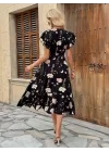 Kadın Kısa Kelebek Kollu Kruvaze Yakalı Belden Kuşaklı Midi Süprem Elbise