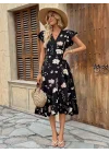 Kadın Kısa Kelebek Kollu Kruvaze Yakalı Belden Kuşaklı Midi Süprem Elbise