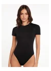 MetuCa Kadın Siyah Bisiklet Yaka Kısa Kollu Jarse Kumaş Vücudu Saran Basic Bodysuit Zıbın