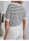 Kadın Kısa Kol Polo Yaka çizgi Desen Triko Bluz