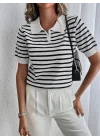 Kadın Kısa Kol Polo Yaka çizgi Desen Triko Bluz