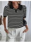 Kadın Kısa Kol Polo Yaka çizgi Desen Triko Bluz