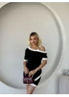 Kadın Kısa Kollu Asimetrik Kesim Yaka şerit Ve Aksesuar Detaylı Modal Elbise