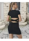 Kadın Kısa Kollu Bel çapraz şerit Detay Büzgülü Sandy Kumaş Elbise