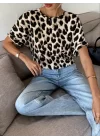 Kadın Kısa Kollu Bisiklet Yaka Arkadan Fiyonk Detaylı Leopar Süprem Bluz
