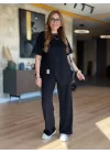 Kadın Kısa Kollu Bisiklet Yaka Asimetrik Viskon Iki Iplik Bluz Ve Pantolon Ikili Takım