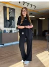 Kadın Kısa Kollu Bisiklet Yaka Asimetrik Viskon Iki Iplik Bluz Ve Pantolon Ikili Takım