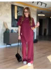 Kadın Kısa Kollu Bisiklet Yaka Asimetrik Viskon Iki Iplik Bluz Ve Pantolon Ikili Takım