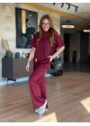 Kadın Kısa Kollu Bisiklet Yaka Asimetrik Viskon Iki Iplik Bluz Ve Pantolon Ikili Takım