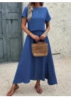 Kadın Kısa Kollu Bisiklet Yaka Bluz Etekli Ithal Keten Ikili Takım