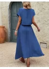 Kadın Kısa Kollu Bisiklet Yaka Bluz Etekli Ithal Keten Ikili Takım