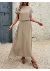 Kadın Kısa Kollu Bisiklet Yaka Bluz Etekli Ithal Keten Ikili Takım