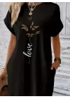 Kadın Kısa Kollu Bisiklet Yaka Cepli Kelebek Baskılı Viskon Elbise
