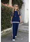Kadın Kısa Kollu Bisiklet Yaka çift Renk şerit Detaylı Viskon Iki Iplik Bluz Ve Pantolon Ikili Takım