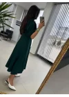 Kadın Kısa Kollu Bisiklet Yaka Fiyonk Broşlu Midi Janjan Krep Elbise