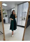 Kadın Kısa Kollu Bisiklet Yaka Fiyonk Broşlu Midi Janjan Krep Elbise