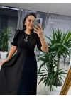Kadın Kısa Kollu Bisiklet Yaka Fiyonk Broşlu Midi Janjan Krep Elbise