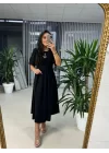 Kadın Kısa Kollu Bisiklet Yaka Fiyonk Broşlu Midi Janjan Krep Elbise