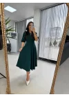 Kadın Kısa Kollu Bisiklet Yaka Fiyonk Broşlu Midi Janjan Krep Elbise