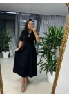 Kadın Kısa Kollu Bisiklet Yaka Fiyonk Broşlu Midi Janjan Krep Elbise