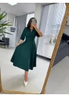 Kadın Kısa Kollu Bisiklet Yaka Fiyonk Broşlu Midi Janjan Krep Elbise