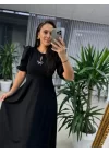 Kadın Kısa Kollu Bisiklet Yaka Fiyonk Broşlu Midi Janjan Krep Elbise