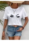 Kadın Kısa Kollu Bisiklet Yaka Göz Baskılı Süprem T-shirt