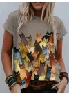Kadın Kısa Kollu Bisiklet Yaka Kedi Desenli Süprem Bluz