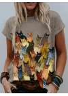 Kadın Kısa Kollu Bisiklet Yaka Kedi Desenli Süprem Bluz