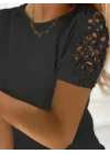 Kadın Kısa Kollu Bisiklet Yaka Kolları çiçekli Güpür Detay Viskon Bluz