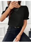 Kadın Kısa Kollu Bisiklet Yaka Kolları Gipeli Ithal Krep Bluz