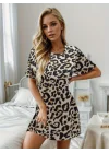 Kadın Kısa Kollu Bisiklet Yaka Leopa Desen Süprem Elbise
