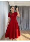 Kadın Kısa Kollu Bisiklet Yaka Maksi Boy Ithal Krep Elbise