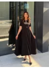 Kadın Kısa Kollu Bisiklet Yaka Maksi Boy Ithal Krep Elbise