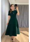 Kadın Kısa Kollu Bisiklet Yaka Maksi Boy Ithal Krep Elbise