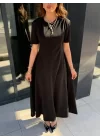 Kadın Kısa Kollu Bisiklet Yaka Maksi Boy Ithal Krep Elbise