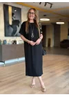 Kadın Kısa Kollu Bisiklet Yaka Omuzdan Düğmeli Uzun Viskon Iki Iplik Elbise