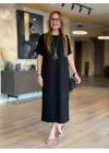 Kadın Kısa Kollu Bisiklet Yaka Omuzdan Düğmeli Uzun Viskon Iki Iplik Elbise