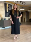 Kadın Kısa Kollu Bisiklet Yaka Omuzdan Düğmeli Uzun Viskon Iki Iplik Elbise