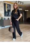 Kadın Kısa Kollu Bisiklet Yaka Omuzdan Düğmeli Viskon Iki Iplik Kısa Bluz Ve Pantolon Ikili Takım